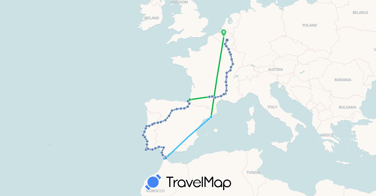 TravelMap itinerary: driving, bus, cycling, boat in Belgium, Spain, France, Morocco, Portugal (Africa, Europe)